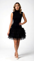Nadia Women's Black Tulle Cocktail Dress - Elegant High Neck & Tiered Skirt 0