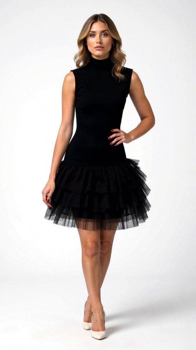 Nadia Women's Black Tulle Cocktail Dress - Elegant High Neck & Tiered Skirt 0
