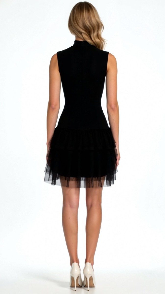 Nadia Women's Black Tulle Cocktail Dress - Elegant High Neck & Tiered Skirt 1
