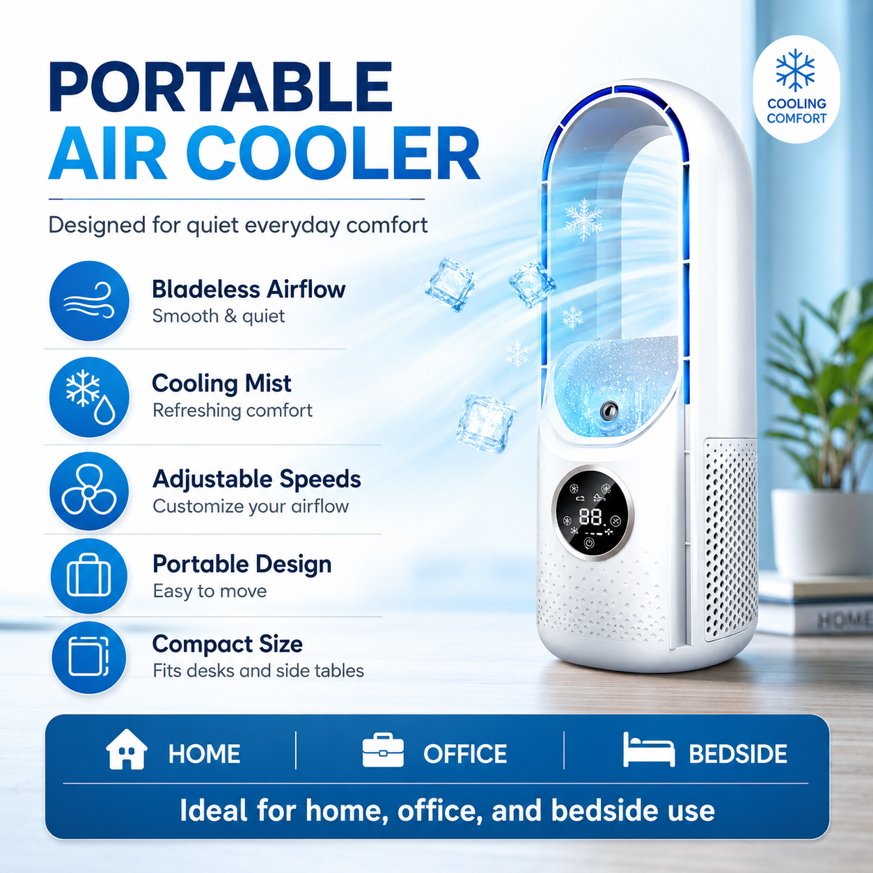 Portable Air Conditioner with Bladeless Design and Adjustable Fan Speeds for Home or Office