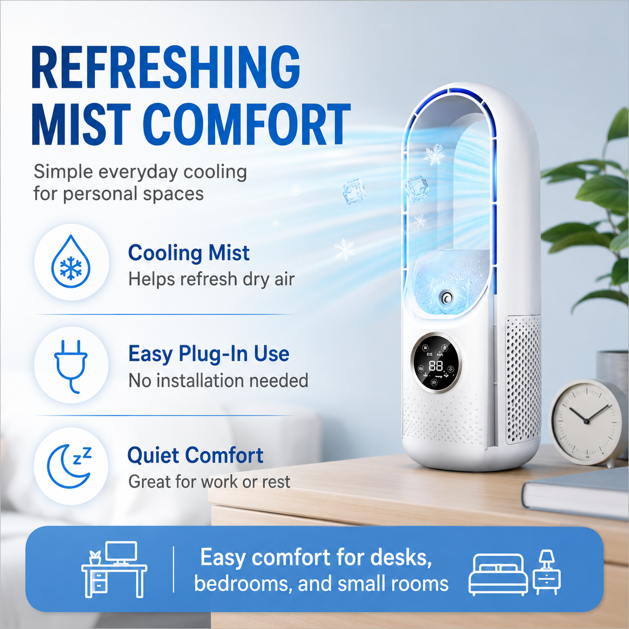 Portable Air Conditioner with Bladeless Design and Adjustable Fan Speeds for Home or Office