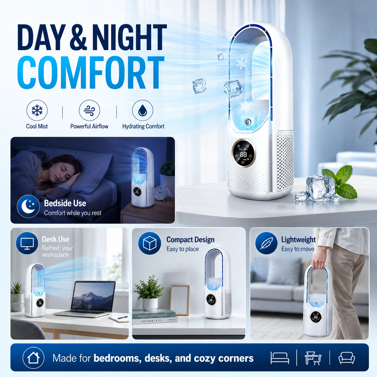 Portable Air Conditioner with Bladeless Design and Adjustable Fan Speeds for Home or Office