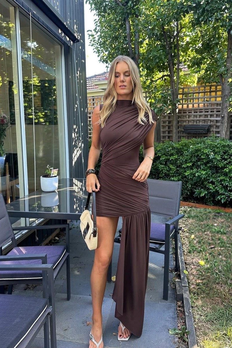 Stylish Women's Summer Dress - High Neck Ruched Mini Dress with Asymmetrical Hem 5