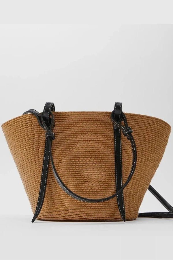 Stylish Woven Straw Tote Bag with Leather Accents - Perfect Beach Bag 0