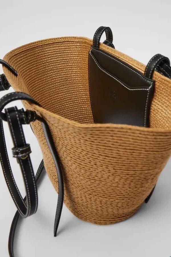 Stylish Woven Straw Tote Bag with Leather Accents - Perfect Beach Bag 1