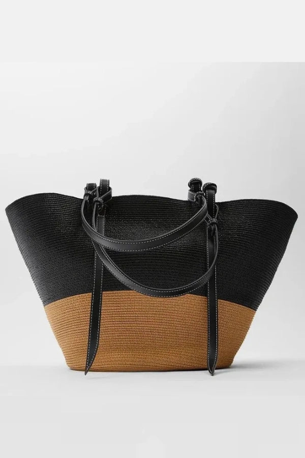 Stylish Woven Straw Tote Bag with Leather Accents - Perfect Beach Bag 2