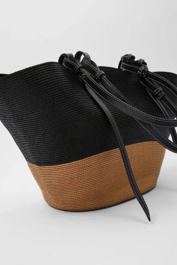 Stylish Woven Straw Tote Bag with Leather Accents - Perfect Beach Bag 3