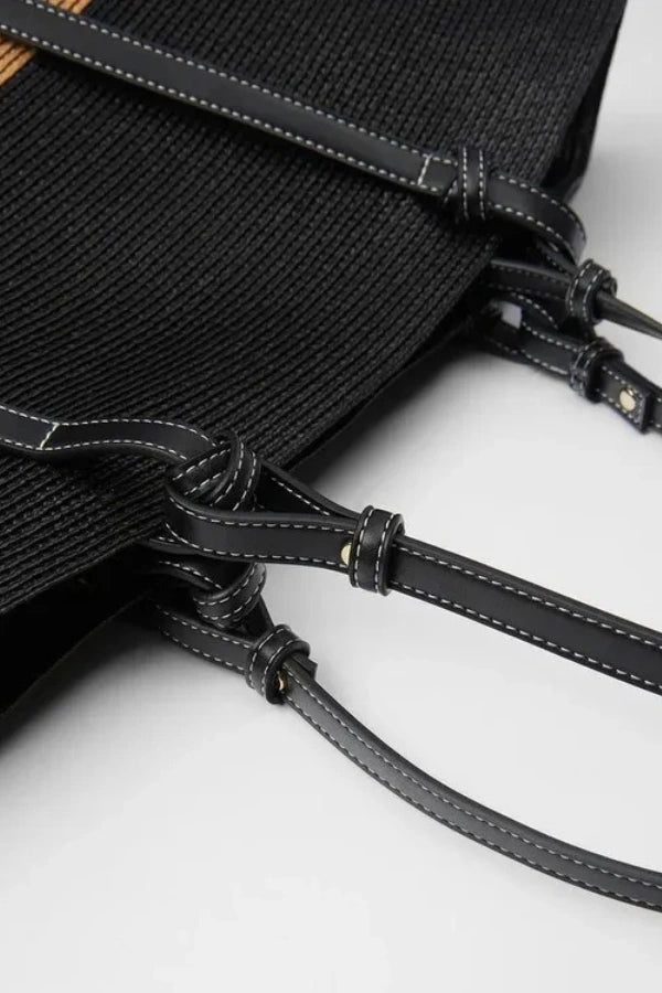 Stylish Woven Straw Tote Bag with Leather Accents - Perfect Beach Bag 4