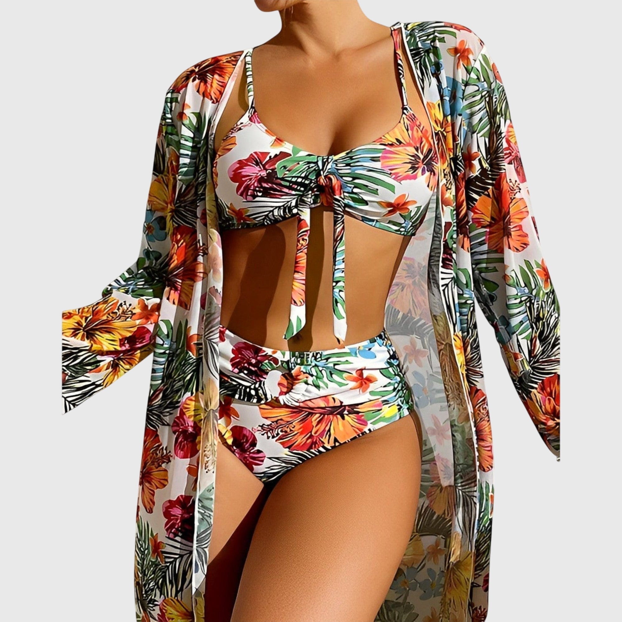 Tropical Print Women's Swimsuit Set with Cover-Up - High-Rise Bikini Swimwear 0