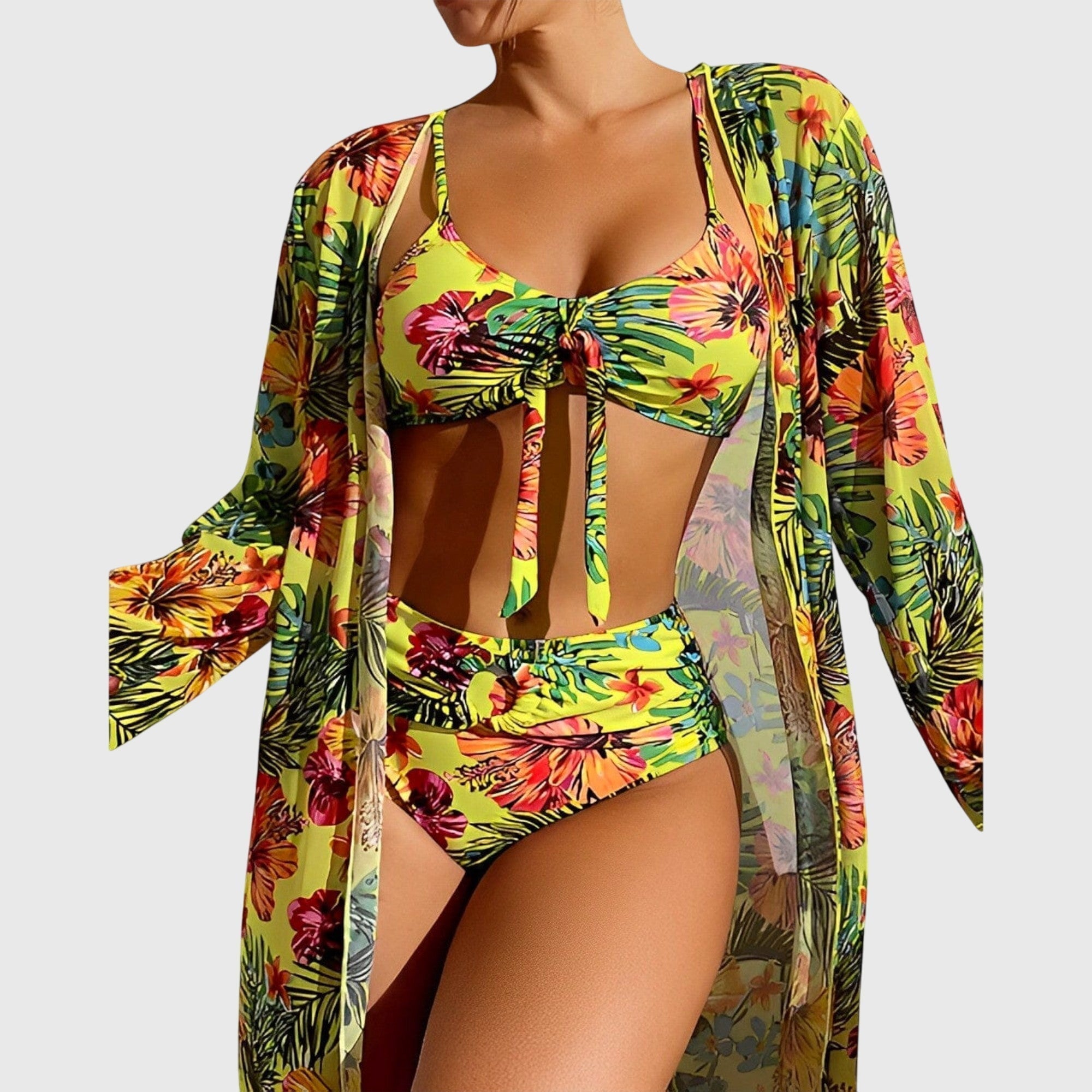 Tropical Print Women's Swimsuit Set with Cover-Up - High-Rise Bikini Swimwear 1