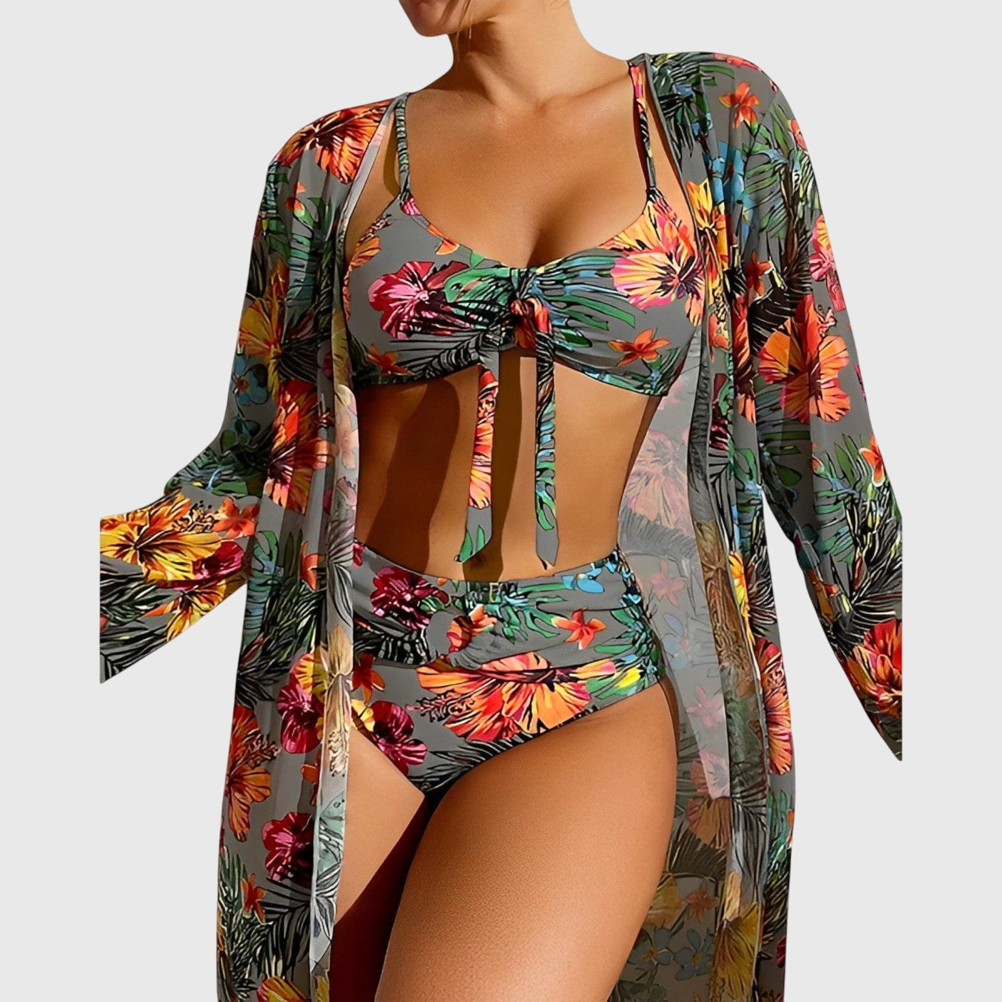 Tropical Print Women's Swimsuit Set with Cover-Up - High-Rise Bikini Swimwear 2