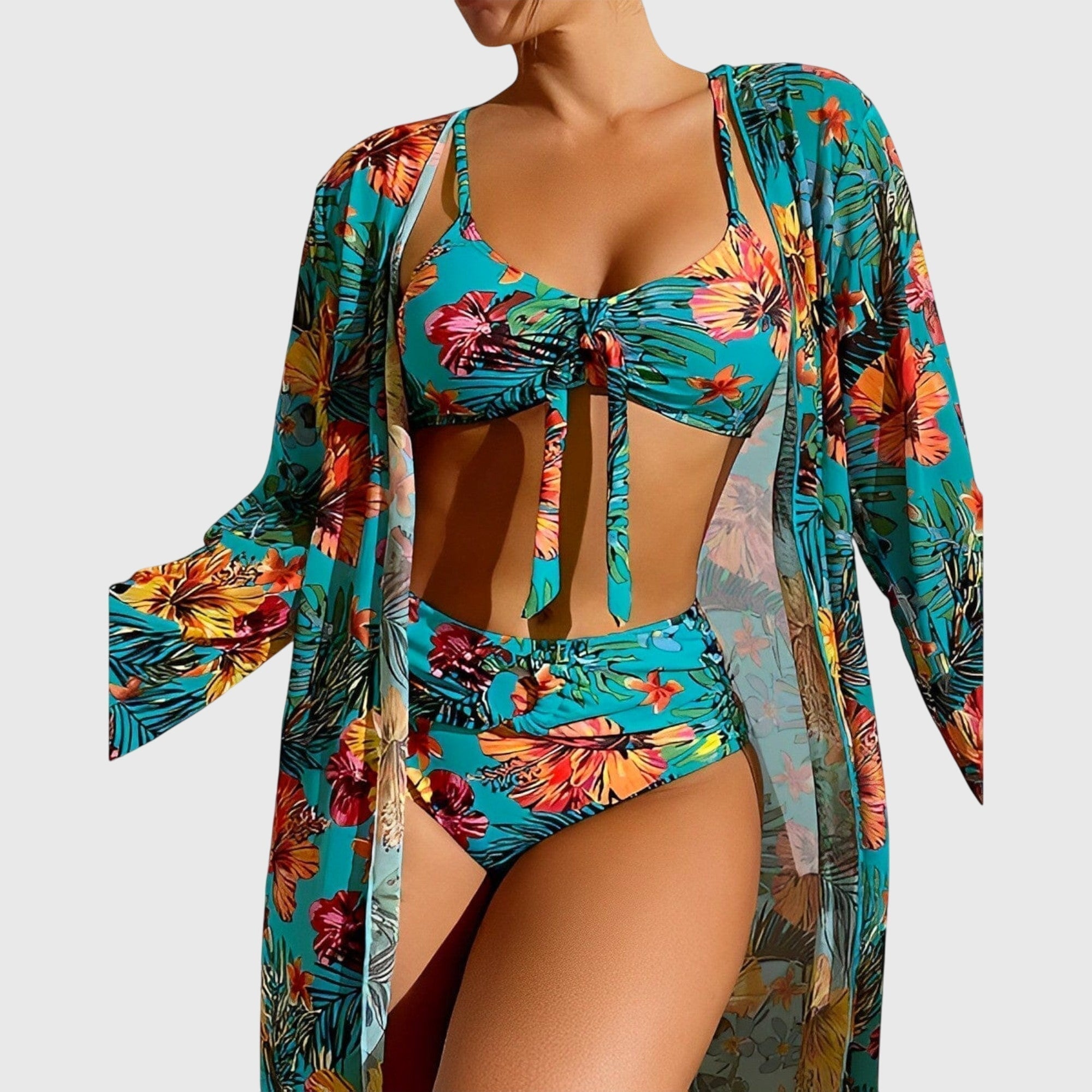 Tropical Print Women's Swimsuit Set with Cover-Up - High-Rise Bikini Swimwear 3