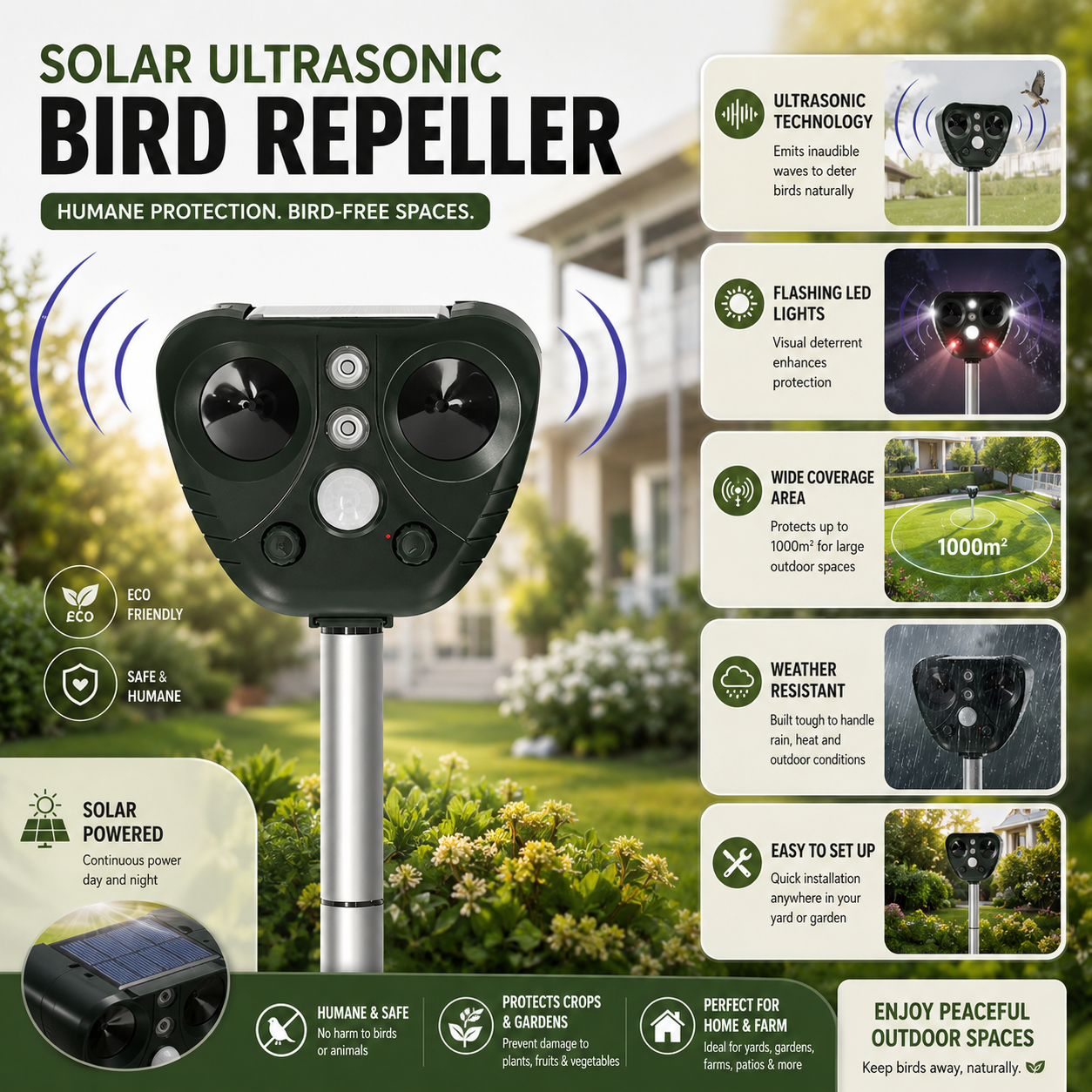 Ultrasonic Bird Deterrent with Solar Power for Garden and Outdoor Use 3