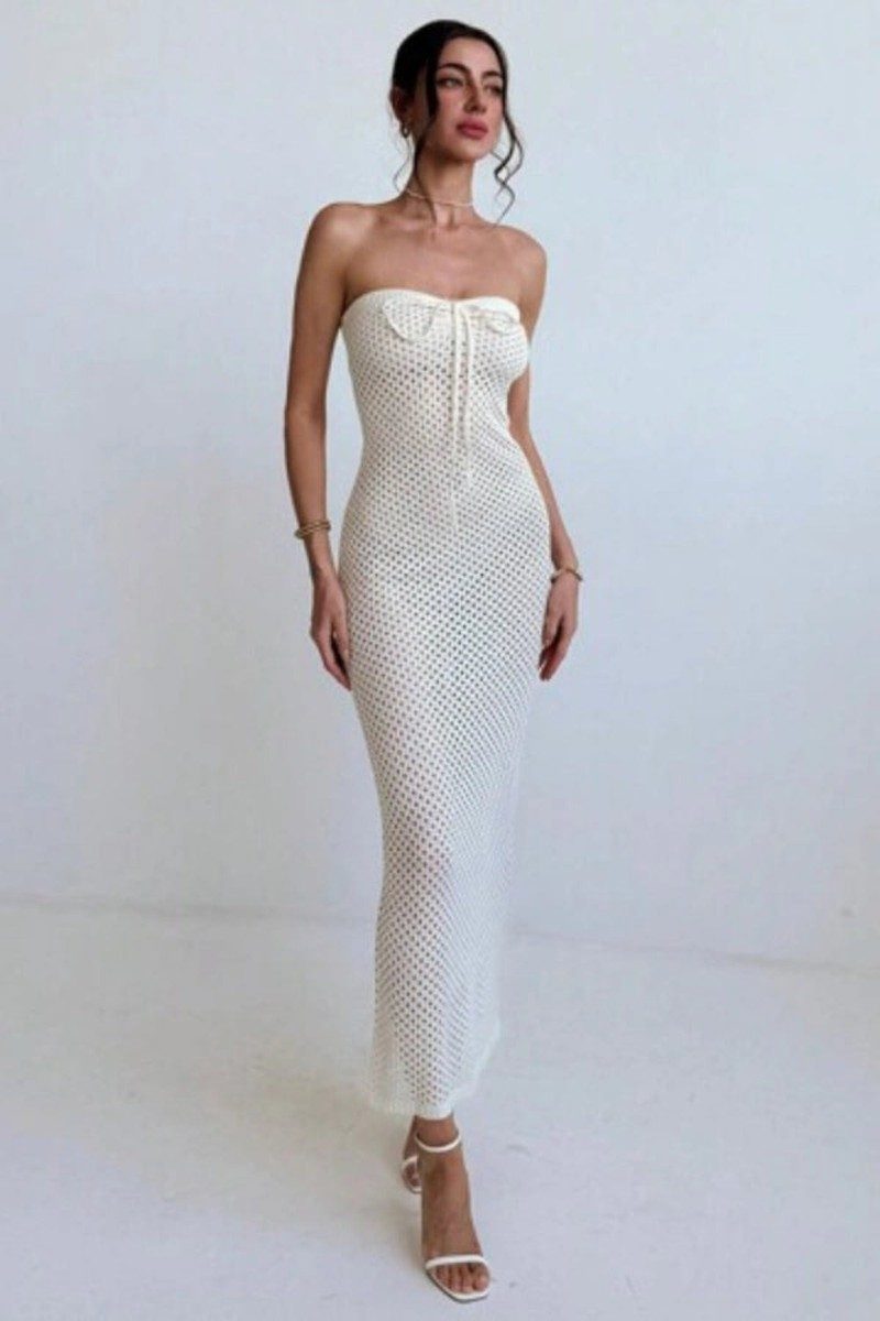White Maxi Dress for Women - Premium Strapless Crochet Long Dress 0