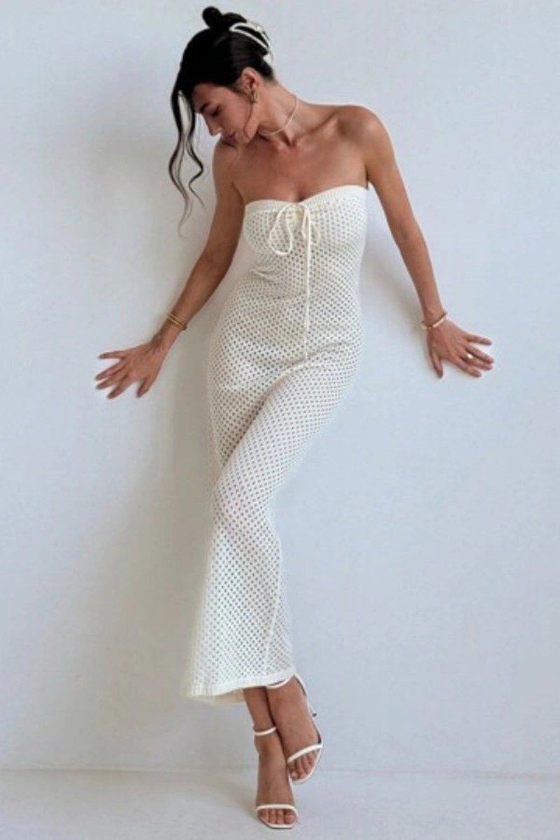 White Maxi Dress for Women - Premium Strapless Crochet Long Dress 2
