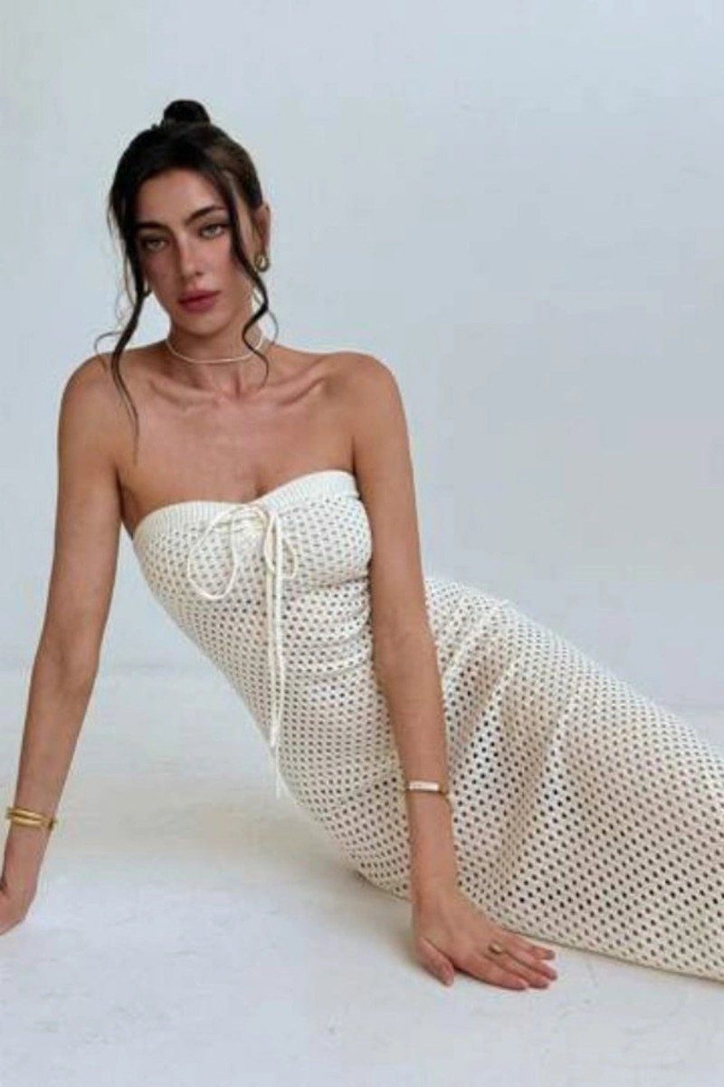White Maxi Dress for Women - Premium Strapless Crochet Long Dress 4