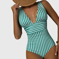 Women's Striped V-Neck One-Piece Swimsuit - Flattering Swimwear for Summer 0