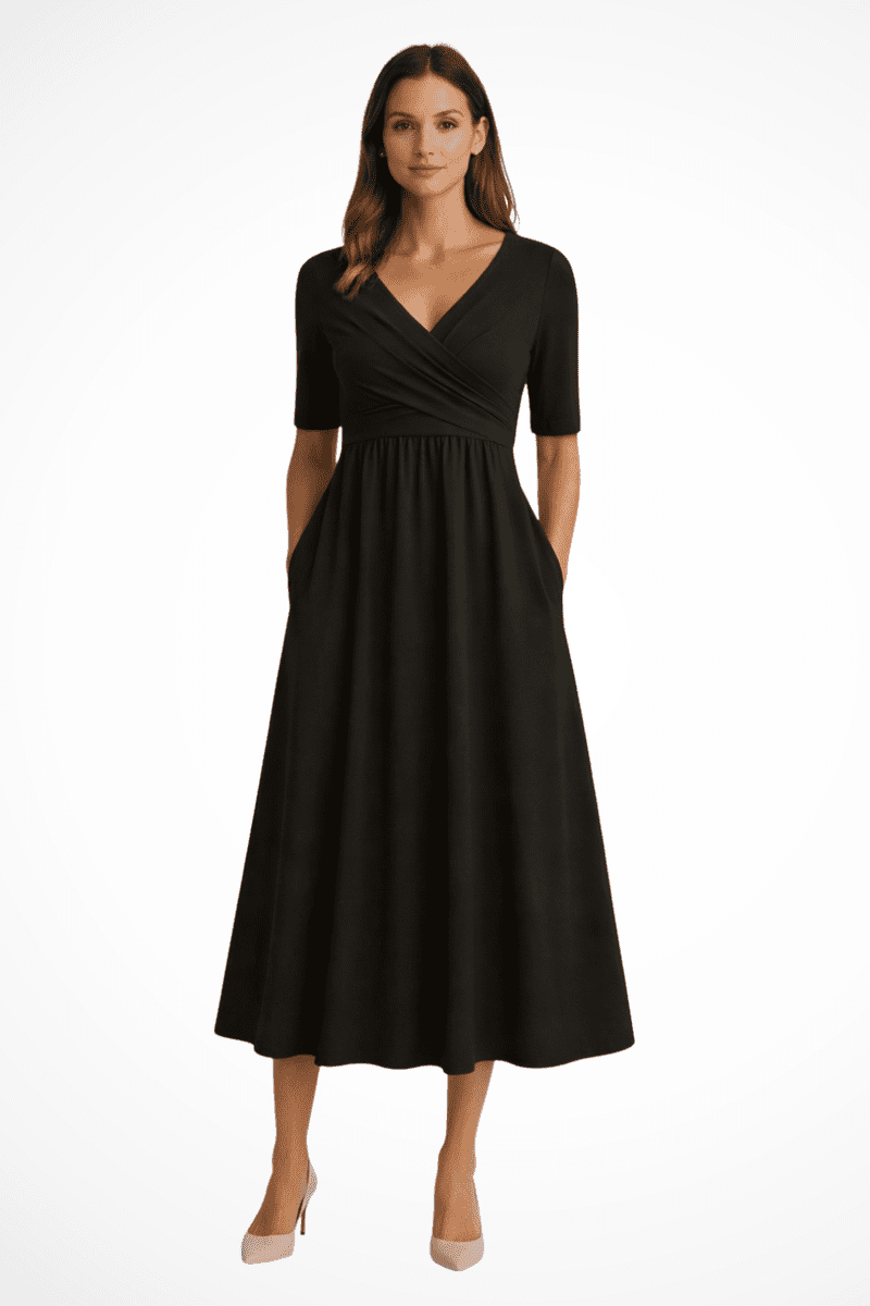 Wrap Front Women's Midi Dress with Pockets - Short Sleeve Summer Dresses 1