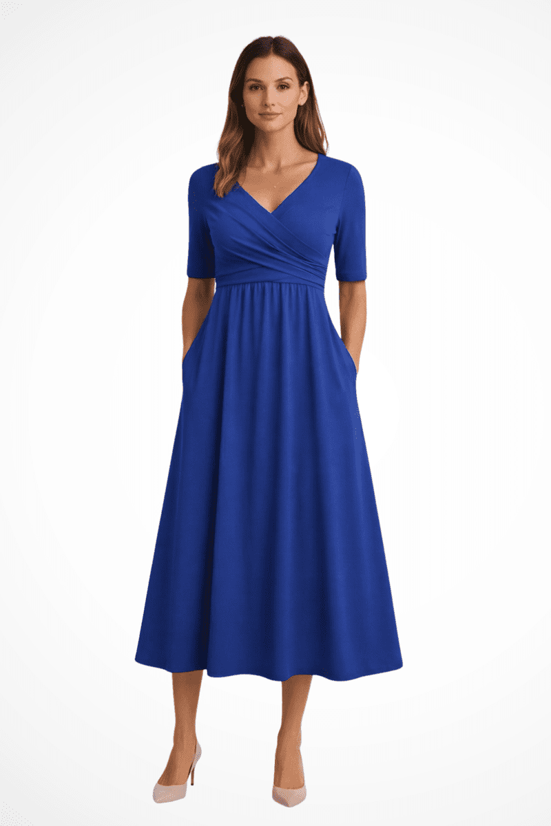 Wrap Front Women's Midi Dress with Pockets - Short Sleeve Summer Dresses 2