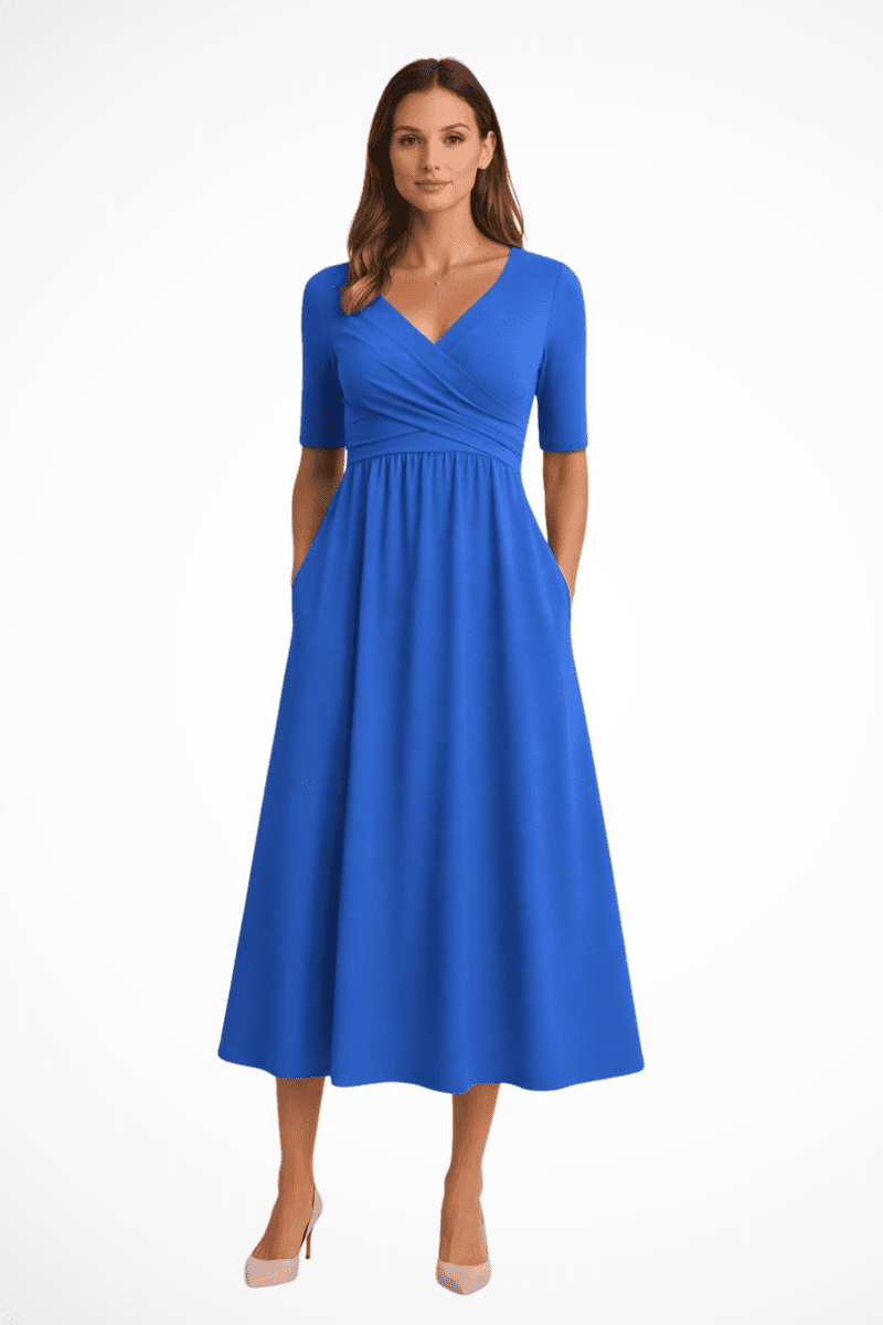 Wrap Front Women's Midi Dress with Pockets - Short Sleeve Summer Dresses 3